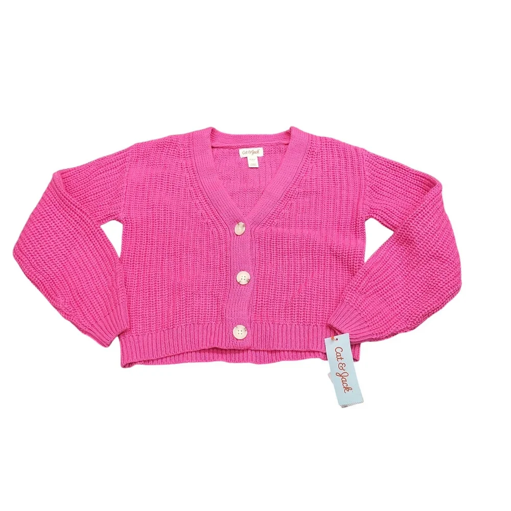 Girls' Button Front V-Neck Cardigan - Cat & Jack Bright Pink Size Small 6/7